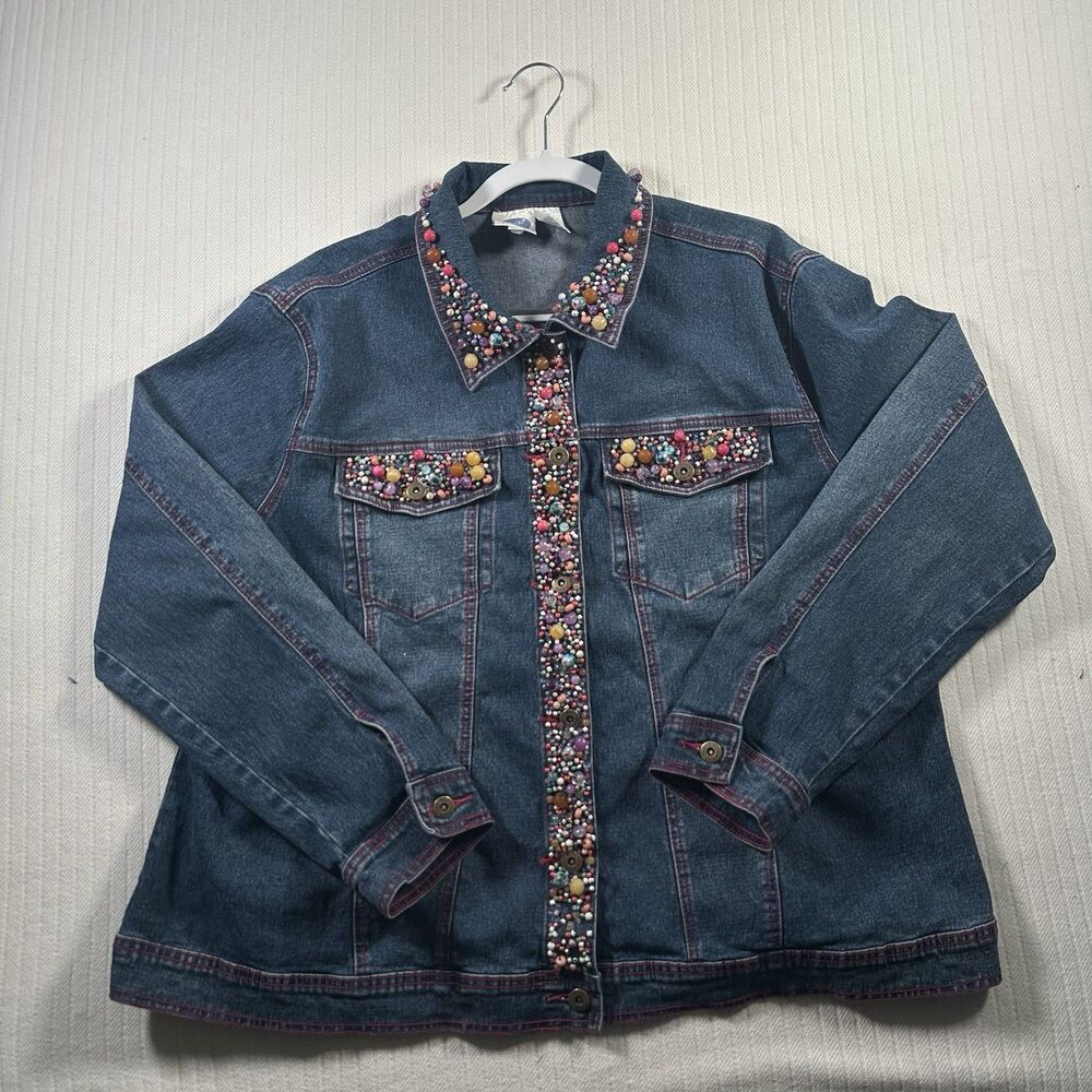 DG2 Diane Gilman Women’s 2X Embellished Beaded Denim Jean Jacket Blue